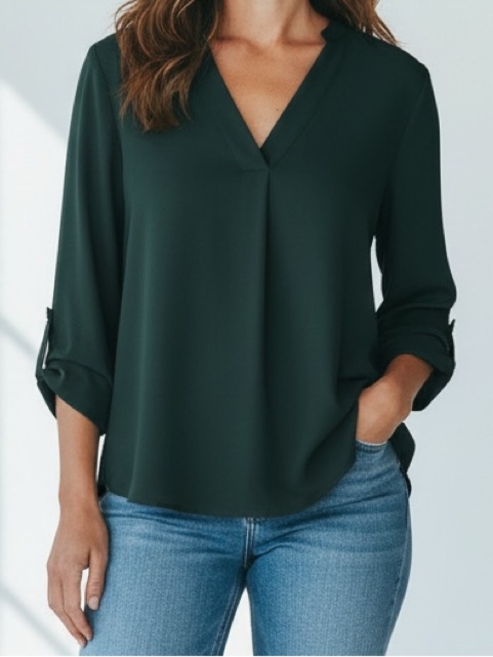 Express XS Green V-Neck Portofino Popover Roll Tab Sleeves Blouse